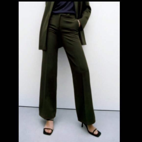 ZARA WOMEN NEW HIGH-WAISTED PANTS Olive Green Khaki Wide LEG 8448/703 S L - Picture 2 of 7